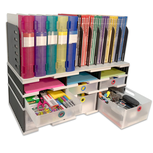 Desktop Organizer 6 Slot Sorter, Riser Base, Vertical File, 3 Storage & 3 Supply Drawers - Uses Vertical Space to Store All of Your Documents, Binders and Supplies in Clear View & Within Arm's Reach