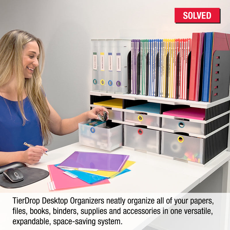 Desktop Organizer 6 Slot Sorter, Riser Base, Vertical File, 3 Storage & 3 Supply Drawers - Uses Vertical Space to Store All of Your Documents, Binders and Supplies in Clear View & Within Arm's Reach