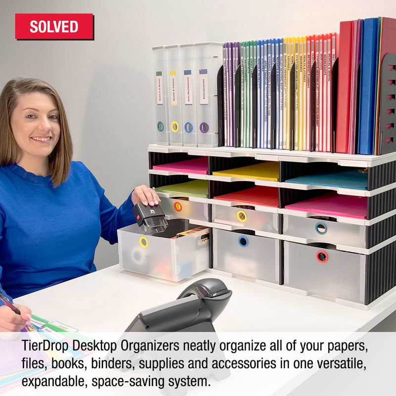 Desktop Organizer 9 Slot Sorter, Riser Base, Vertical File, 3 Storage & 3 Supply Drawers - Uses Vertical Space to Store All of Your Documents, Binders and Supplies in Clear View & Within Arm's Reach