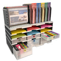 Desktop Organizer 9 Slot Sorter, Riser Base, Vertical File, 3 Storage & 3 Supply Drawers - Uses Vertical Space to Store All of Your Documents, Binders and Supplies in Clear View & Within Arm's Reach