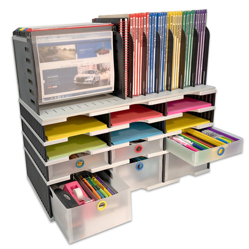 Desktop Organizer 9 Slot Sorter, Riser Base, Vertical File, 3 Storage & 3 Supply Drawers - Uses Vertical Space to Store All of Your Documents, Binders and Supplies in Clear View & Within Arm's Reach