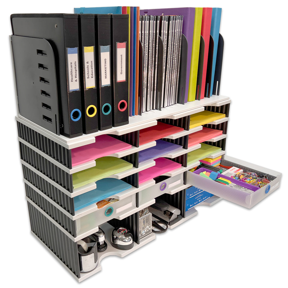 Desktop Organizer 12 Slot Sorter, Riser Base, Vertical File Top & 3 Storage Drawers - TierDrop Organizer Keeps All of Your Documents, Binders and