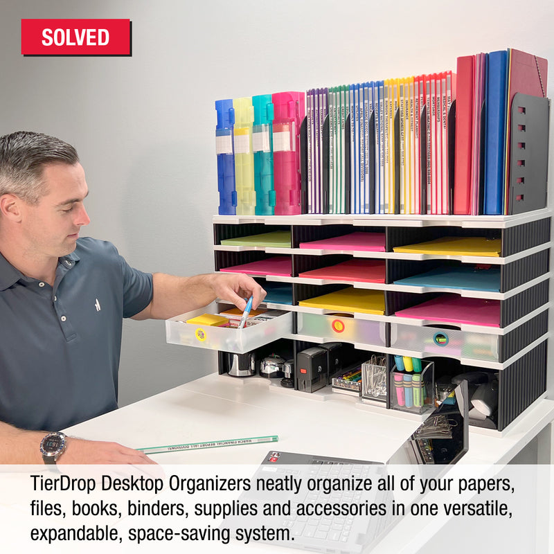 Desktop Organizer 12 Slot Sorter, Riser Base, Vertical File Top & 3 Supply Drawers - Ultimate Office TierDrop™ Organizer Stores All of Your Documents, Binders and Supplies in One Compact Modular System