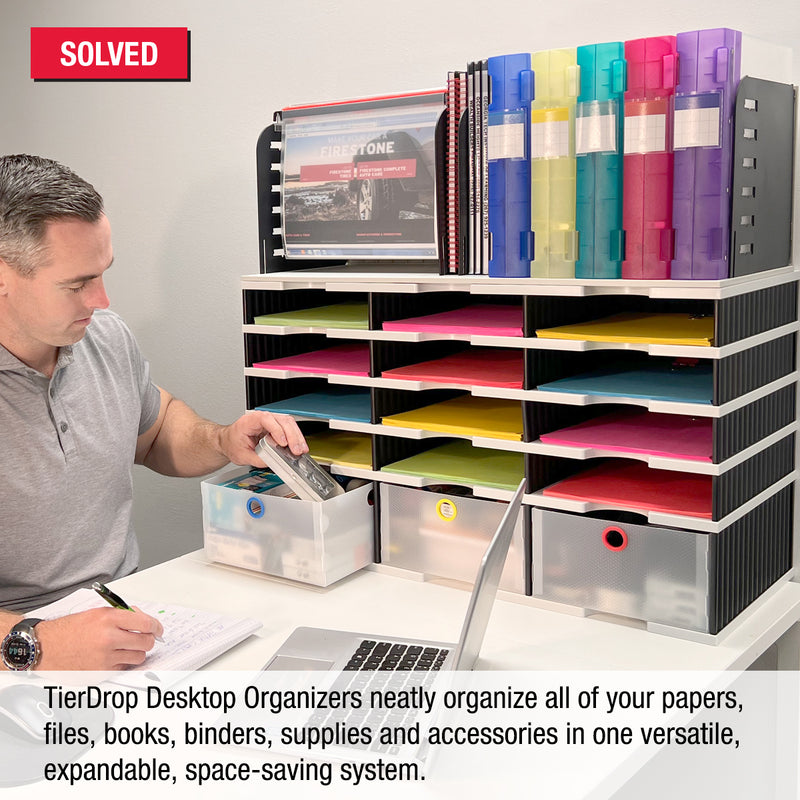 Desktop Organizer 12 Slot Sorter, Riser Base, Hanging File Top & 3 Storage Drawers - Ultimate Office TierDrop™ Organizer Keeps All of Your Documents, Binders and Supplies in One Compact Modular System