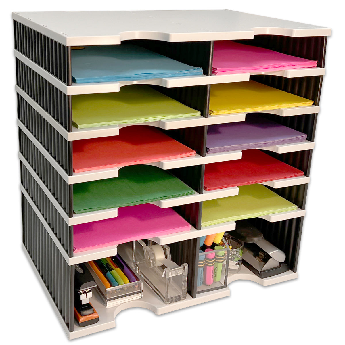 Ultimate Office Desktop Organizer 9 Letter Tray Sorter Plus Riser Storage Base for Easy Access to Lower Slots, Desk Accessories & Supplies. Optional