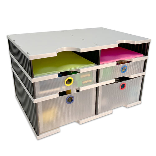 Desktop Organizer 4 Letter Tray Sorter Plus Riser Base, 2 Supply & 2 Storage Drawers - Ultimate Office TierDrop™ Plus Stores All of Your Documents and Supplies in One Compact Modular System