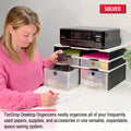 Desktop Organizer 4 Letter Tray Sorter Plus Riser Base, 2 Supply & 2 Storage Drawers - Ultimate Office TierDrop™ Plus Stores All of Your Documents and Supplies in One Compact Modular System