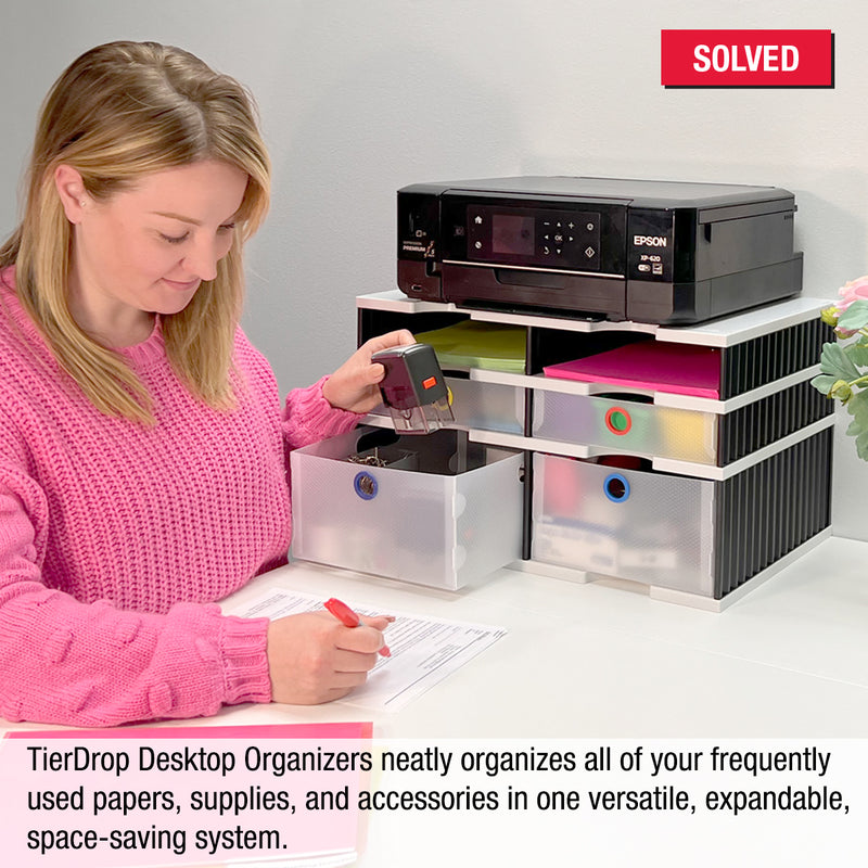 Desktop Organizer 4 Letter Tray Sorter Plus Riser Base, 2 Supply & 2 Storage Drawers - Ultimate Office TierDrop™ Plus Stores All of Your Documents and Supplies in One Compact Modular System