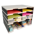 Desktop Organizer 6 Letter Tray Sorter Plus Riser Storage Base & 2 Supply Drawers - TierDrop™ Plus Stores All of Your Documents & Supplies in Clear View & Within Arm's Reach Using Minimal Desk Space