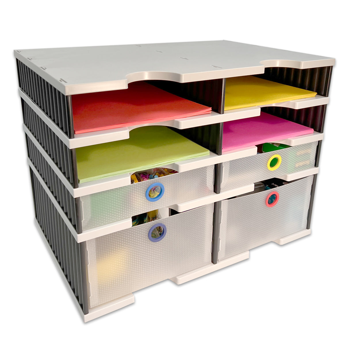 Desktop Organizer 12 Slot Sorter, Riser Base, Vertical File, 3 Storage & 3 Supply Drawers - TierDrop Organizer Stores All of Your Documents, Files