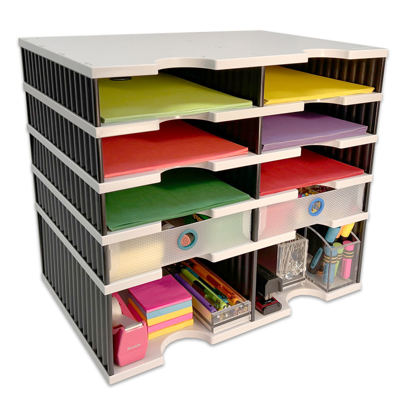 Desktop Organizer 8 Letter Tray Sorter Plus Riser Storage Base & 2 Supply Drawers - TierDrop™ Plus Stores All of Your Documents, Files, Forms & Frequently Used Supplies in One Compact Modular System