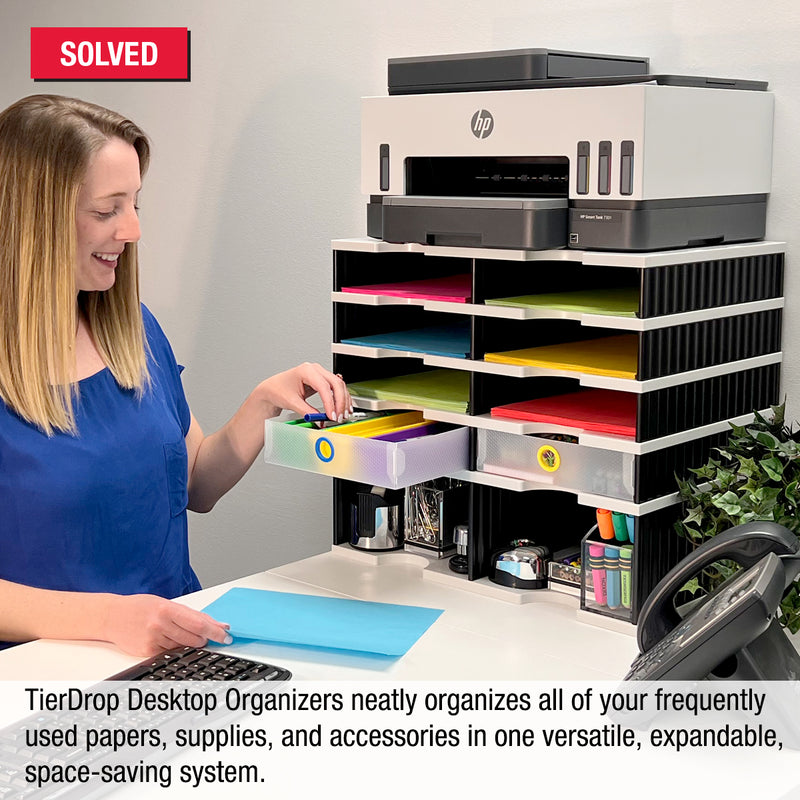 Desktop Organizer 8 Letter Tray Sorter Plus Riser Storage Base & 2 Supply Drawers - TierDrop™ Plus Stores All of Your Documents, Files, Forms & Frequently Used Supplies in One Compact Modular System