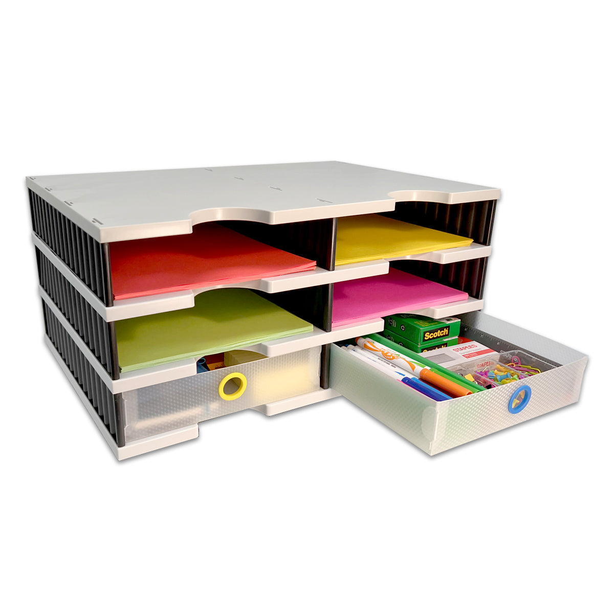 Desktop Organizer 6 Letter Tray Sorter with 2 Supply Drawers