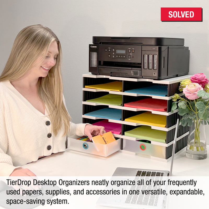 Desktop Organizer 10 Letter Tray Sorter with 2 Supply Drawers - TierDrop™ Organizers Keep All of Your Documents, Files and Frequently Used Supplies at Your Fingertips in One Compact, Modular System
