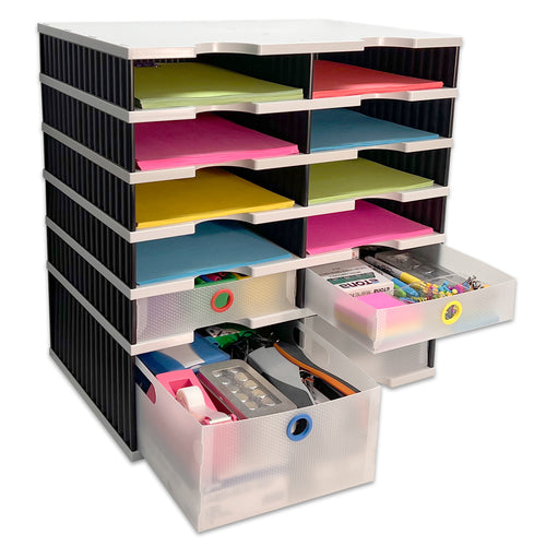 Desktop Organizer 10 Letter Tray Sorter Plus Riser Base, 2 Supply & 2 Storage Drawers - Ultimate Office TierDrop™ Plus Stores All of Your Documents and Supplies in One Compact Modular System