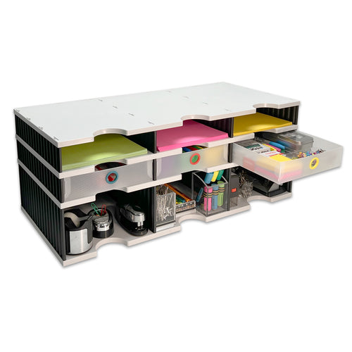Desktop Organizer 6 Letter Tray Sorter Plus Riser Storage Base & 3 Supply Drawers - TierDrop™ Plus Stores All of Your Documents, Files, Forms & Frequently Used Supplies in One Compact Modular System
