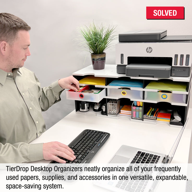 Desktop Organizer 6 Letter Tray Sorter Plus Riser Storage Base & 3 Supply Drawers - TierDrop™ Plus Stores All of Your Documents, Files, Forms & Frequently Used Supplies in One Compact Modular System