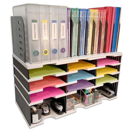 Desktop Organizer 9 Letter Tray Sorter, Riser Storage Base and Vertical File Topper - Uses Vertical Space to Put All of Your Documents, Files, Forms, Books & Binders In Clear View & Within Arm's Reach