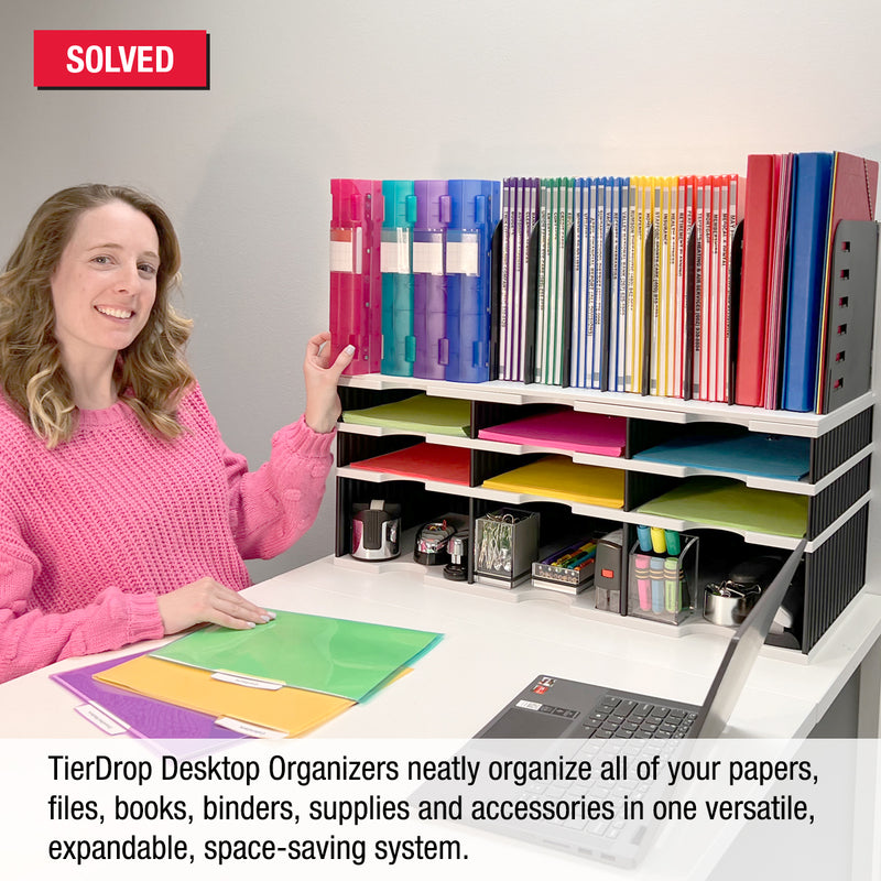 Desktop Organizer 9 Letter Tray Sorter, Riser Storage Base and Vertical File Topper - Uses Vertical Space to Put All of Your Documents, Files, Forms, Books & Binders In Clear View & Within Arm's Reach