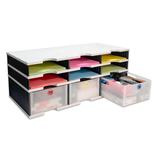 Desktop Organizer 6 Letter Tray Sorter Plus Riser Storage Base & 3 Storage Drawers - Ultimate Office TierDrop™ Plus Stores All of Your Documents and Supplies in One Compact Modular System