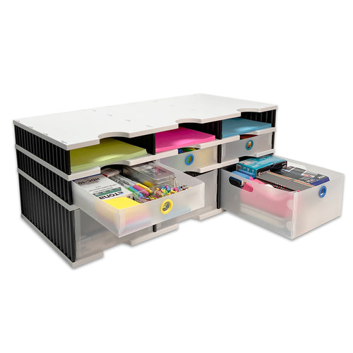 Desktop Organizer 6 Letter Tray Sorter Plus Riser Base, 3 Supply & 3 Storage Drawers - Ultimate Office TierDrop™ Plus Stores All of Your Documents and Supplies in One Compact Modular System