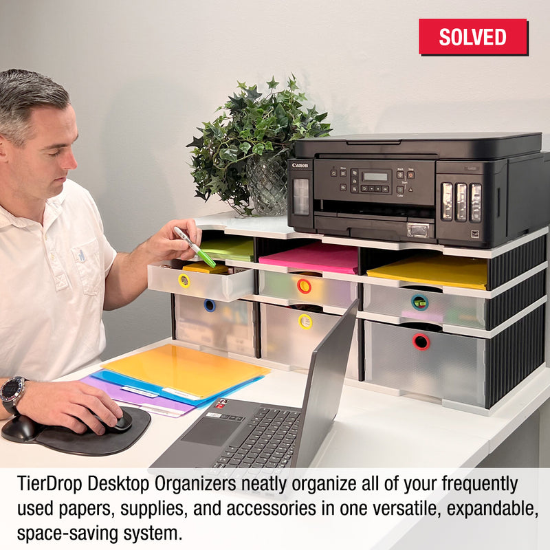 Desktop Organizer 6 Letter Tray Sorter Plus Riser Base, 3 Supply & 3 Storage Drawers - Ultimate Office TierDrop™ Plus Stores All of Your Documents and Supplies in One Compact Modular System