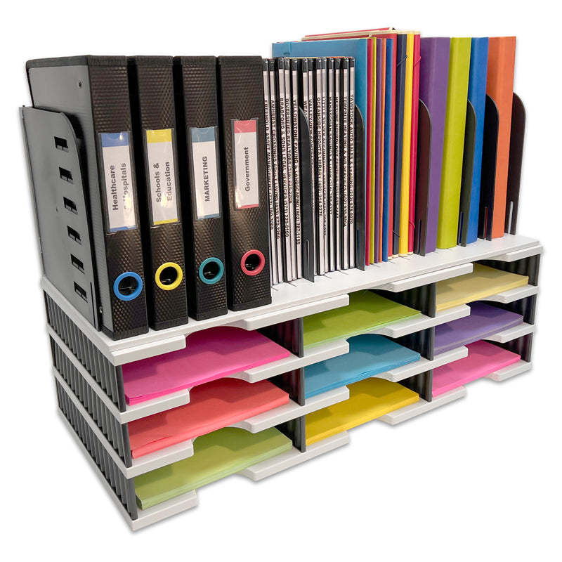Desktop Organizer 9 Letter Tray Sorter With 8 Slot Vertical File Topper - Ultimate Office TierDrop Organizer Stores All of Your Documents Files Binders & Supplies in Clear View & Within Arm's Reach