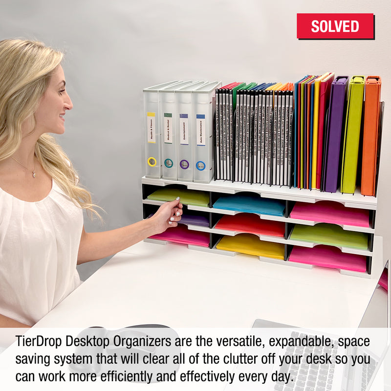 Desktop Organizer 9 Letter Tray Sorter With 8 Slot Vertical File Topper - Ultimate Office TierDrop Organizer Stores All of Your Documents Files Binders & Supplies in Clear View & Within Arm's Reach