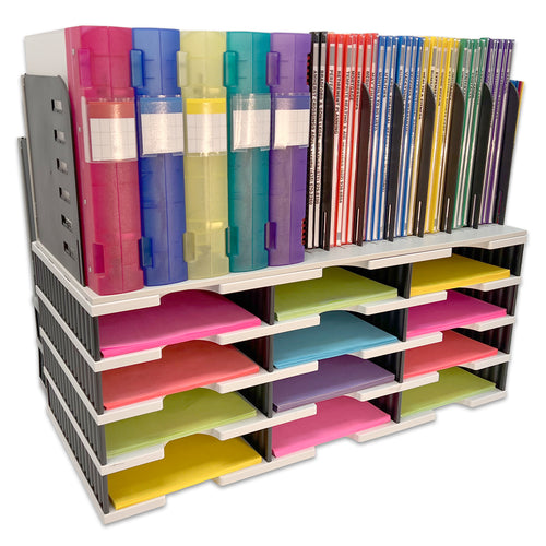 Desktop Organizer 12 Letter Tray Sorter With 8 Slot Vertical File Topper - Ultimate Office TierDrop™ Organizer Stores All of Your Documents Files Binders & Supplies in Clear View & Within Arm's Reach