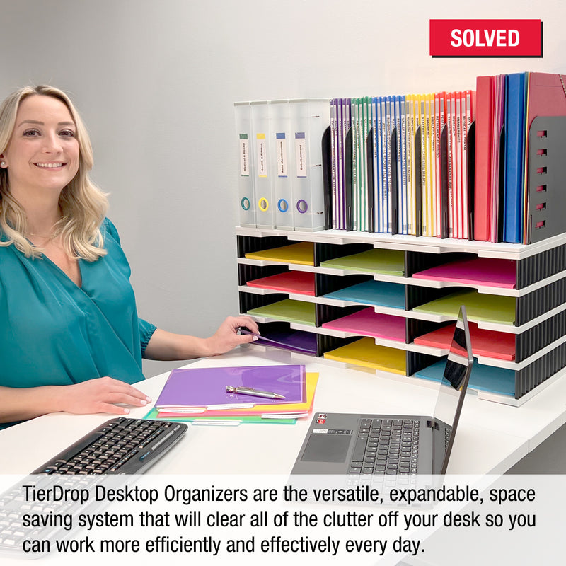 Desktop Organizer 12 Letter Tray Sorter With 8 Slot Vertical File Topper - Ultimate Office TierDrop™ Organizer Stores All of Your Documents Files Binders & Supplies in Clear View & Within Arm's Reach