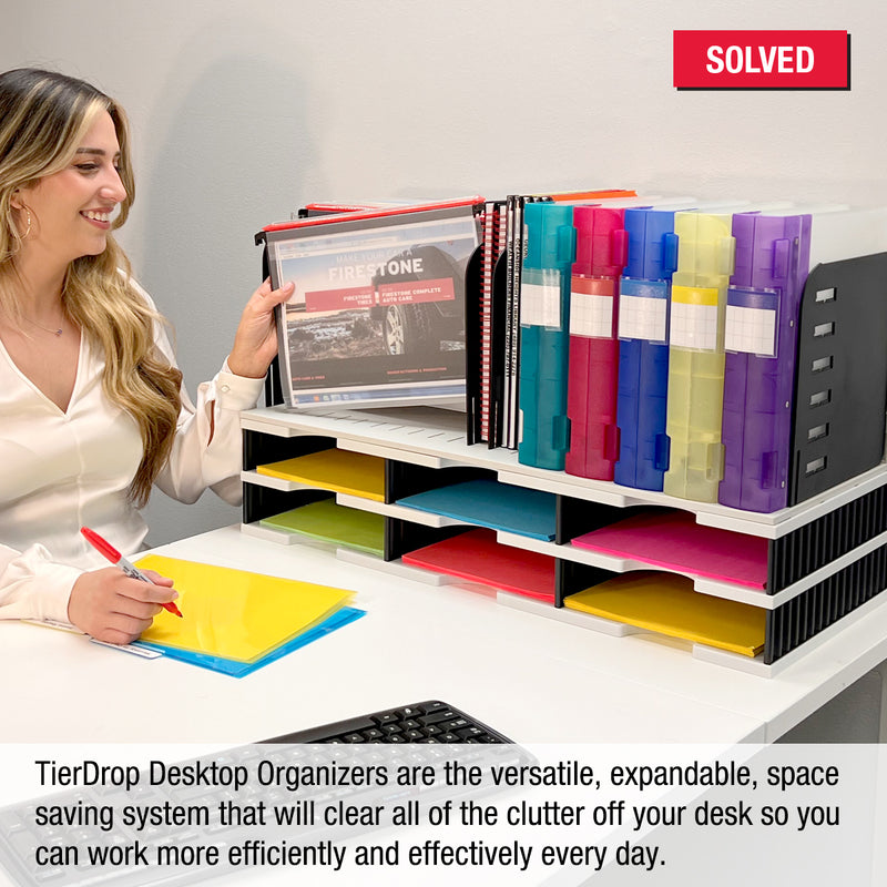 Desktop Organizer 6 Letter Tray Sorter with Vertical & Hanging File Topper - Uses Vertical Space to Store All of Your Documents, Files, Forms, Books & Binders In Clear View & Within Arm's Reach