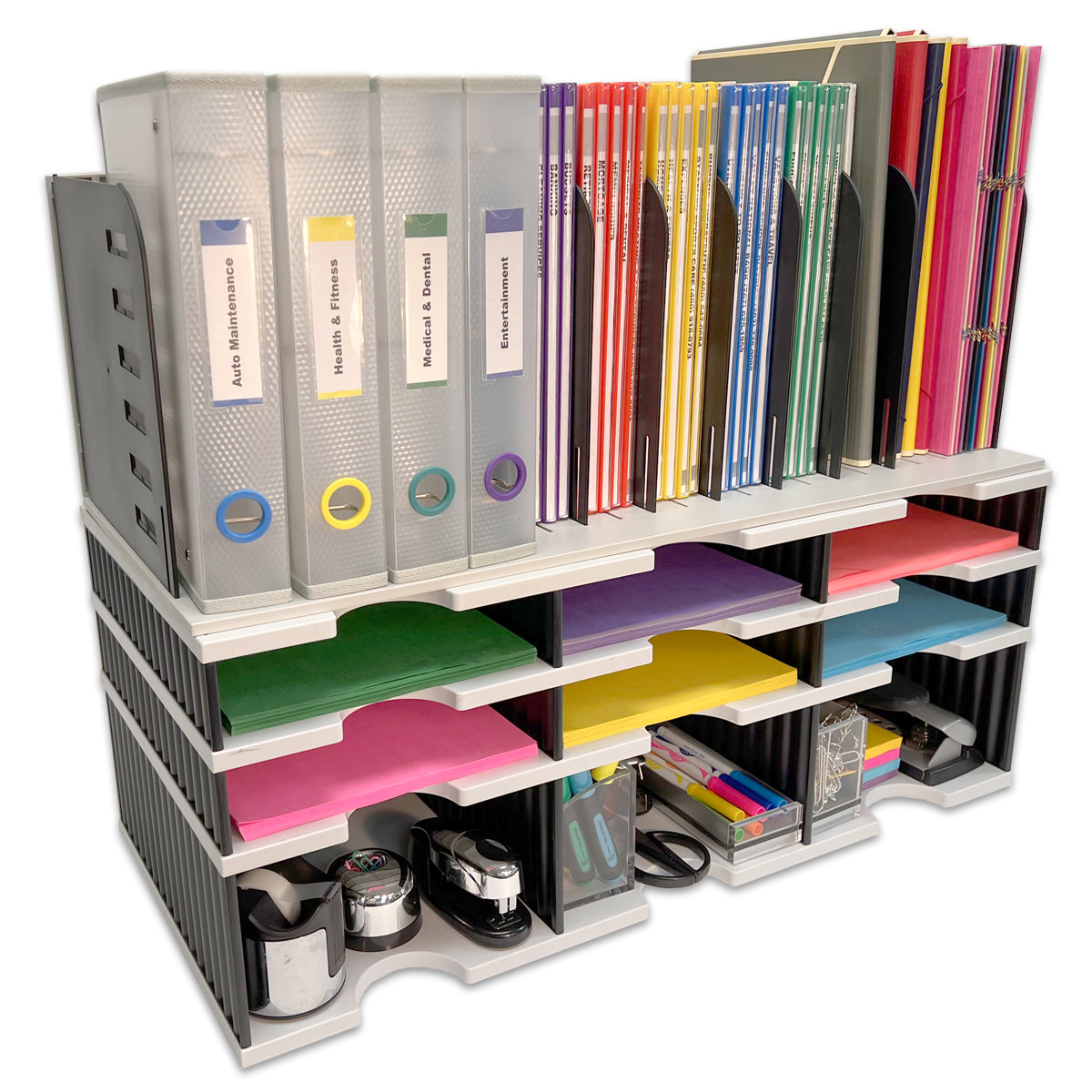 Desktop Organizer 6 Letter Tray Sorter, Riser Storage Base and Vertical File Topper - Uses Vertical Space to Put All of Your Documents, Files, Forms