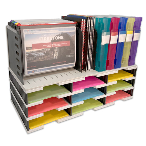 Desktop Organizer 9 Letter Tray Sorter with Vertical & Hanging File Topper - Uses Vertical Space to Store All of Your Documents, Files, Forms, Books & Binders In Clear View & Within Arm's Reach