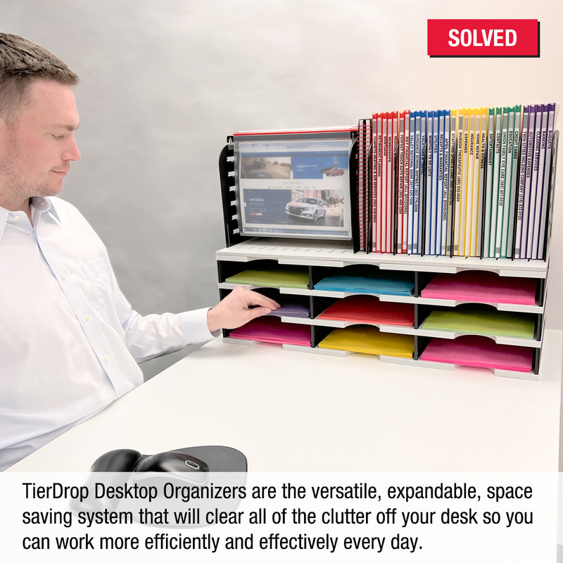 Desktop Organizer 9 Letter Tray Sorter with Vertical & Hanging File Topper - Uses Vertical Space to Store All of Your Documents, Files, Forms, Books & Binders In Clear View & Within Arm's Reach