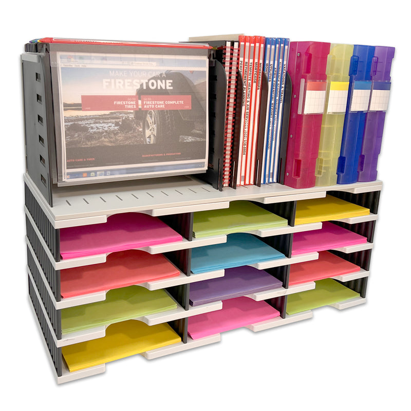 Desktop Organizer 12 Letter Tray Sorter with Vertical & Hanging File Topper - TierDrop™ Desktop Organizer Stores All of Your Documents, Forms, Books & Binders in One Compact Modular System