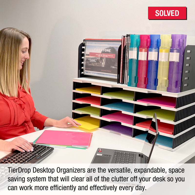 Desktop Organizer 12 Letter Tray Sorter with Vertical & Hanging File Topper - TierDrop™ Desktop Organizer Stores All of Your Documents, Forms, Books & Binders in One Compact Modular System