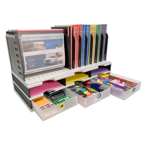 Desktop Organizer 6 Letter Tray Sorter with Hanging File Topper & 3 Supply Drawers - Uses Vertical Space to Store All of Your Documents, Files, Binders and Supplies in Clear View & Within Arm's Reach