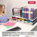 Desktop Organizer 6 Letter Tray Sorter with Hanging File Topper & 3 Supply Drawers - Uses Vertical Space to Store All of Your Documents, Files, Binders and Supplies in Clear View & Within Arm's Reach