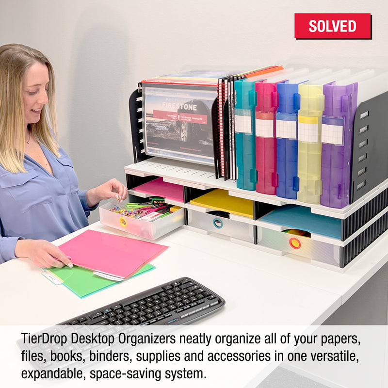Desktop Organizer 6 Letter Tray Sorter with Hanging File Topper & 3 Supply Drawers - Uses Vertical Space to Store All of Your Documents, Files, Binders and Supplies in Clear View & Within Arm's Reach