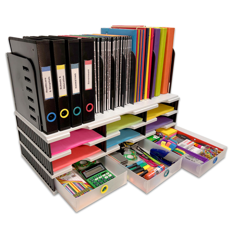 Desktop Organizer 9 Letter Tray Sorter, Vertical File Top & Supply Drawers - TierDrop Organizer Keeps All of Your Documents, Files, Books, Binders & Supplies in Clear View & Within Arm's Reach