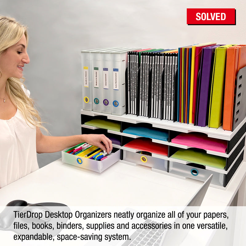 Desktop Organizer 9 Letter Tray Sorter, Vertical File Top & Supply Drawers - TierDrop Organizer Keeps All of Your Documents, Files, Books, Binders & Supplies in Clear View & Within Arm's Reach