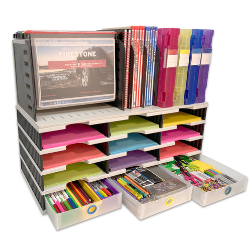 Desktop Organizer 12 Letter Tray Sorter with Hanging File Topper & 3 Supply Drawers - TierDrop™ Desktop Organizer Stores All of Your Documents, Books, Binders and Supplies in One Compact Modular System