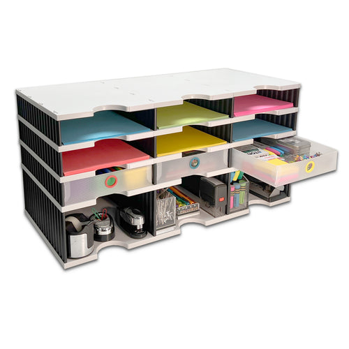 Desktop Organizer 9 Letter Tray Sorter Plus Riser Storage Base & 3 Supply Drawers - TierDrop™ Plus Stores All of Your Documents & Supplies in Clear View & Within Arm's Reach Using Minimal Desk Space