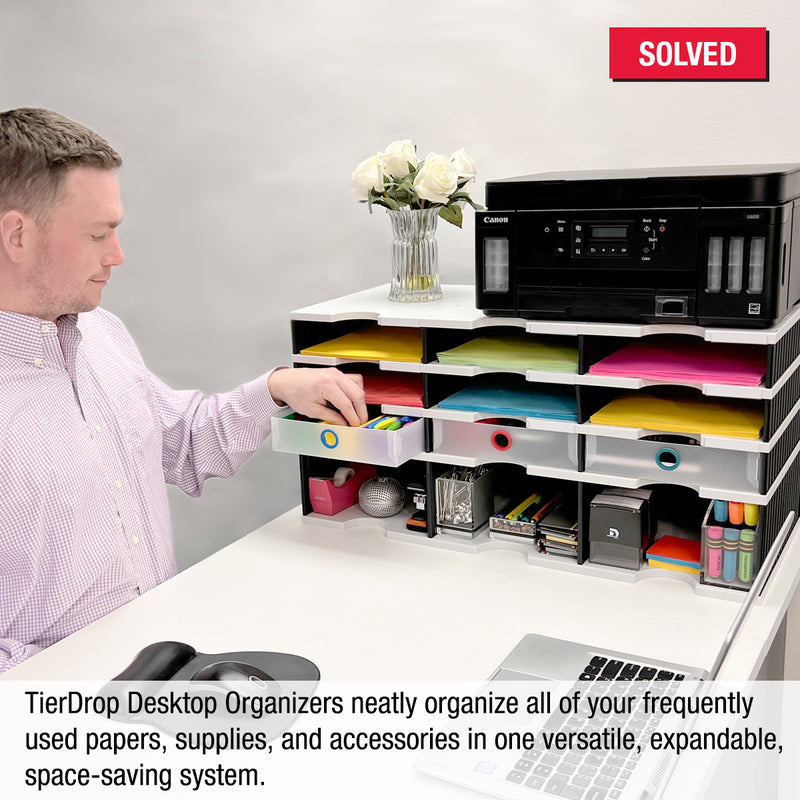 Desktop Organizer 9 Letter Tray Sorter Plus Riser Storage Base & 3 Supply Drawers - TierDrop™ Plus Stores All of Your Documents & Supplies in Clear View & Within Arm's Reach Using Minimal Desk Space