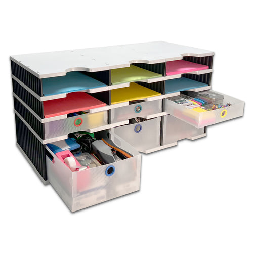 Desktop Organizer 9 Letter Tray Sorter PLUS Riser Base, 3 Supply & 3 Storage Drawers - TierDrop™ PLUS Stores All of Your Documents & Supplies in Clear View & Within Arm's Reach Using Minimal Desk Space