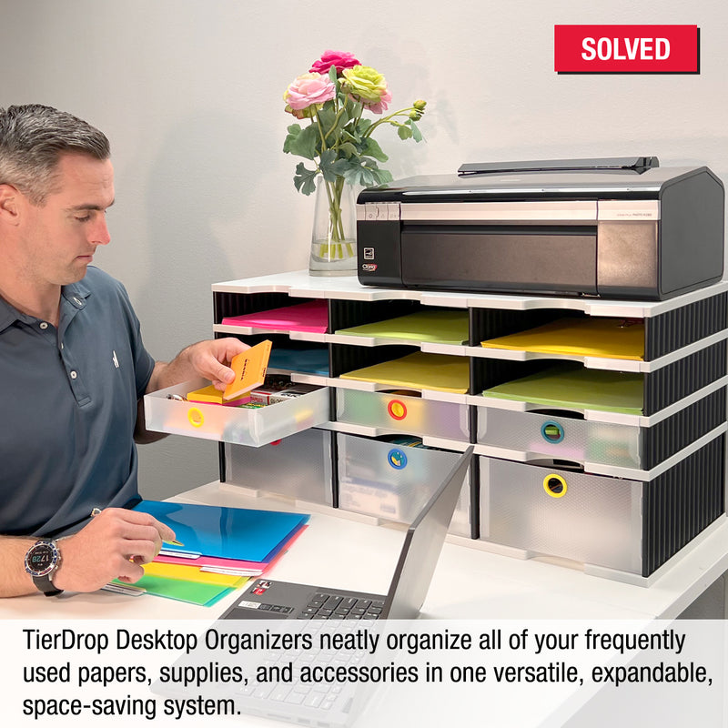 Desktop Organizer 9 Letter Tray Sorter PLUS Riser Base, 3 Supply & 3 Storage Drawers - TierDrop™ PLUS Stores All of Your Documents & Supplies in Clear View & Within Arm's Reach Using Minimal Desk Space