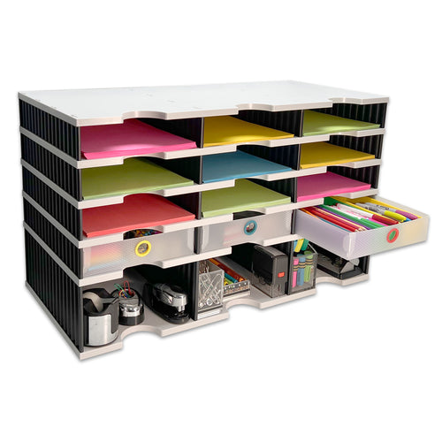 Desktop Organizer 12 Letter Tray Sorter Plus Riser Storage Base & 3 Supply Drawers - Ultimate Office TierDrop™ Desktop Organizer Stores All of Your Documents & Supplies in One Compact Modular System