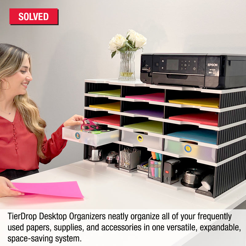 Desktop Organizer 12 Letter Tray Sorter Plus Riser Storage Base & 3 Supply Drawers - Ultimate Office TierDrop™ Desktop Organizer Stores All of Your Documents & Supplies in One Compact Modular System