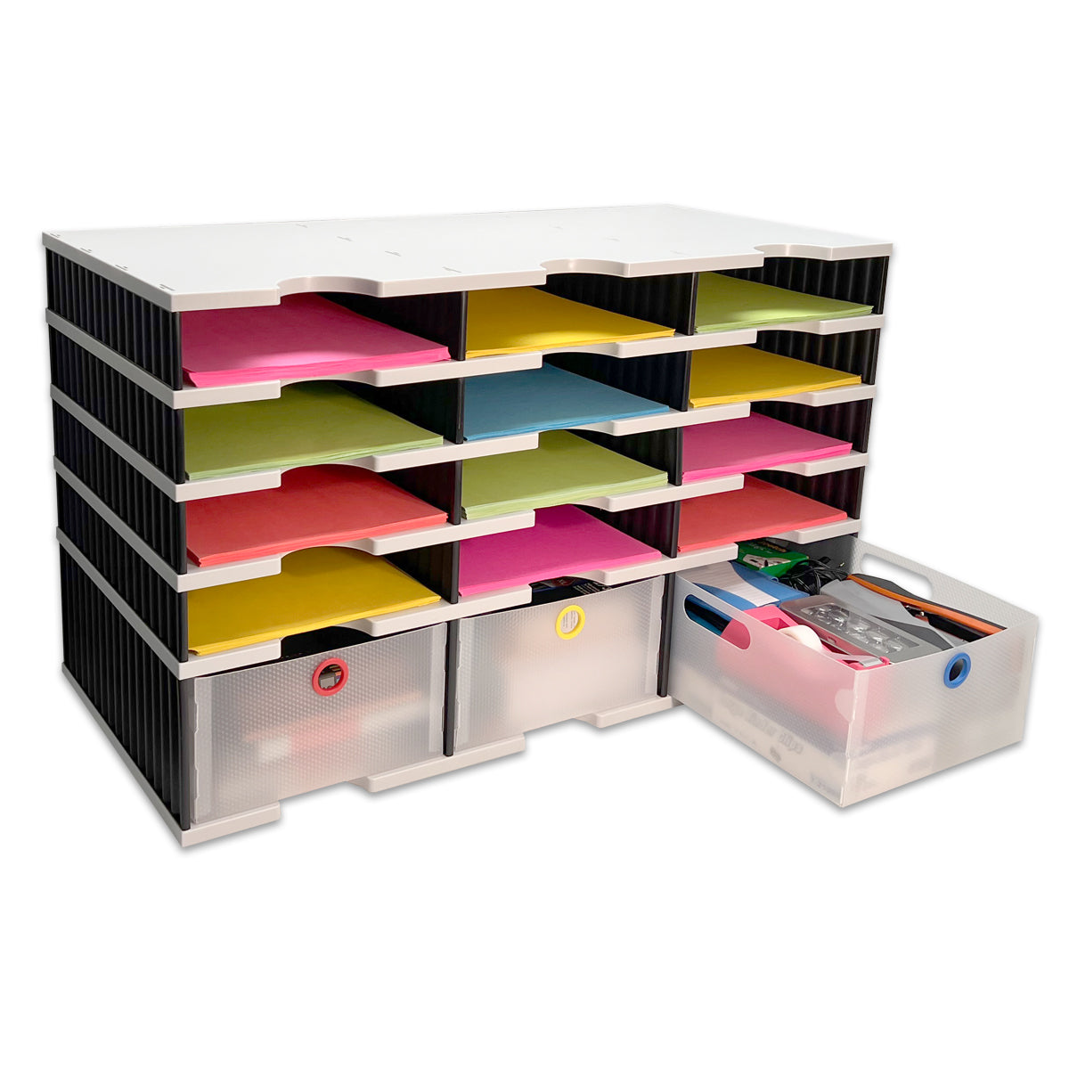 Desktop Organizer 12 Letter Tray Sorter Plus Riser Storage Base & 3 Storage  Drawers – Ultimate Office