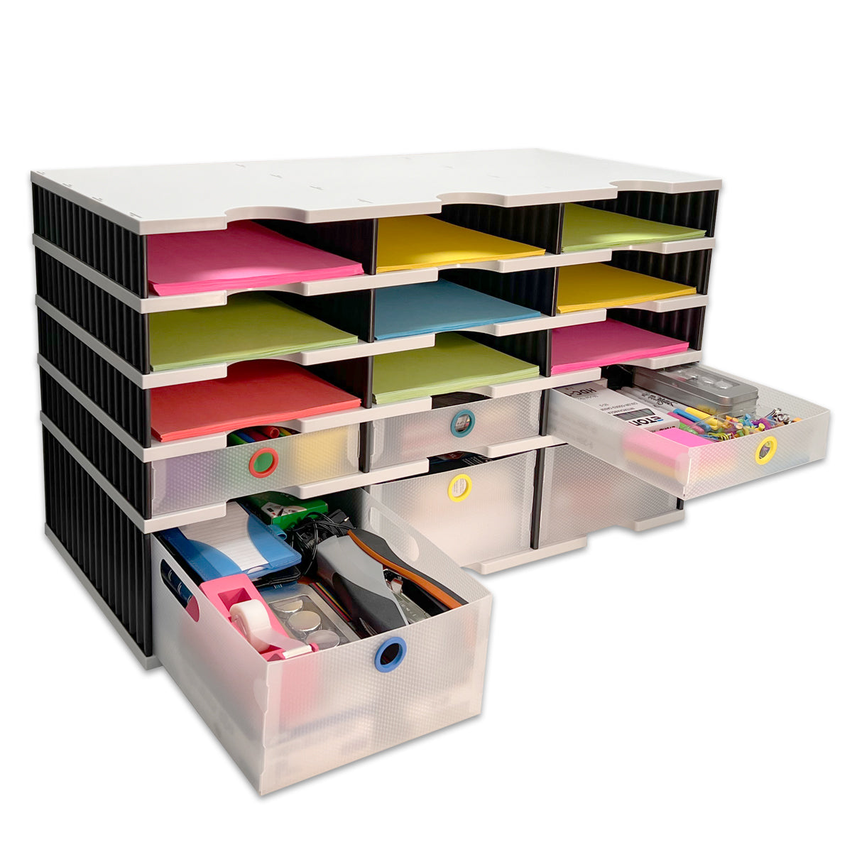 Desktop Organizer 12 Letter Tray Sorter Plus Riser Base, 3 Supply & 3 Storage Drawers - TierDrop Plus Keeps All of Your Documents & Supplies in Clear